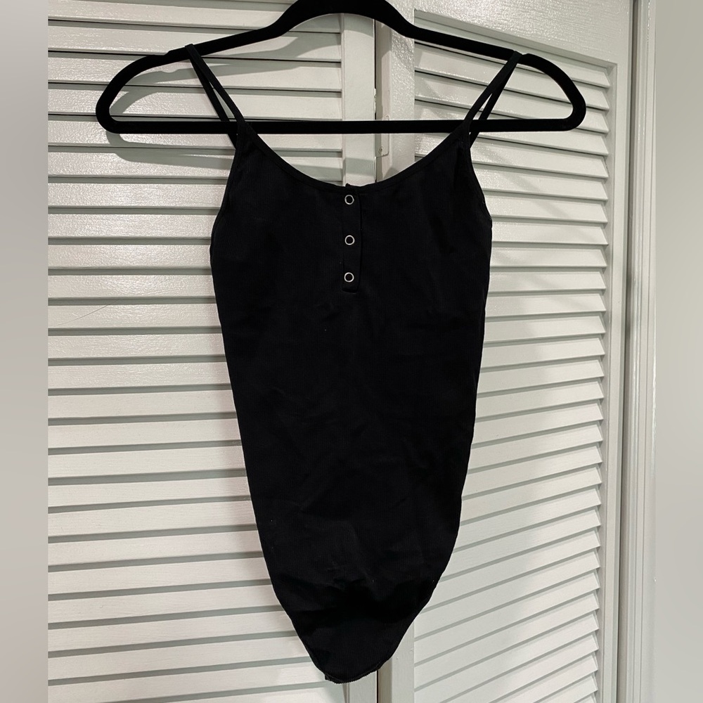 Slim Fit Black Tank Top Bodysuit with Buttons